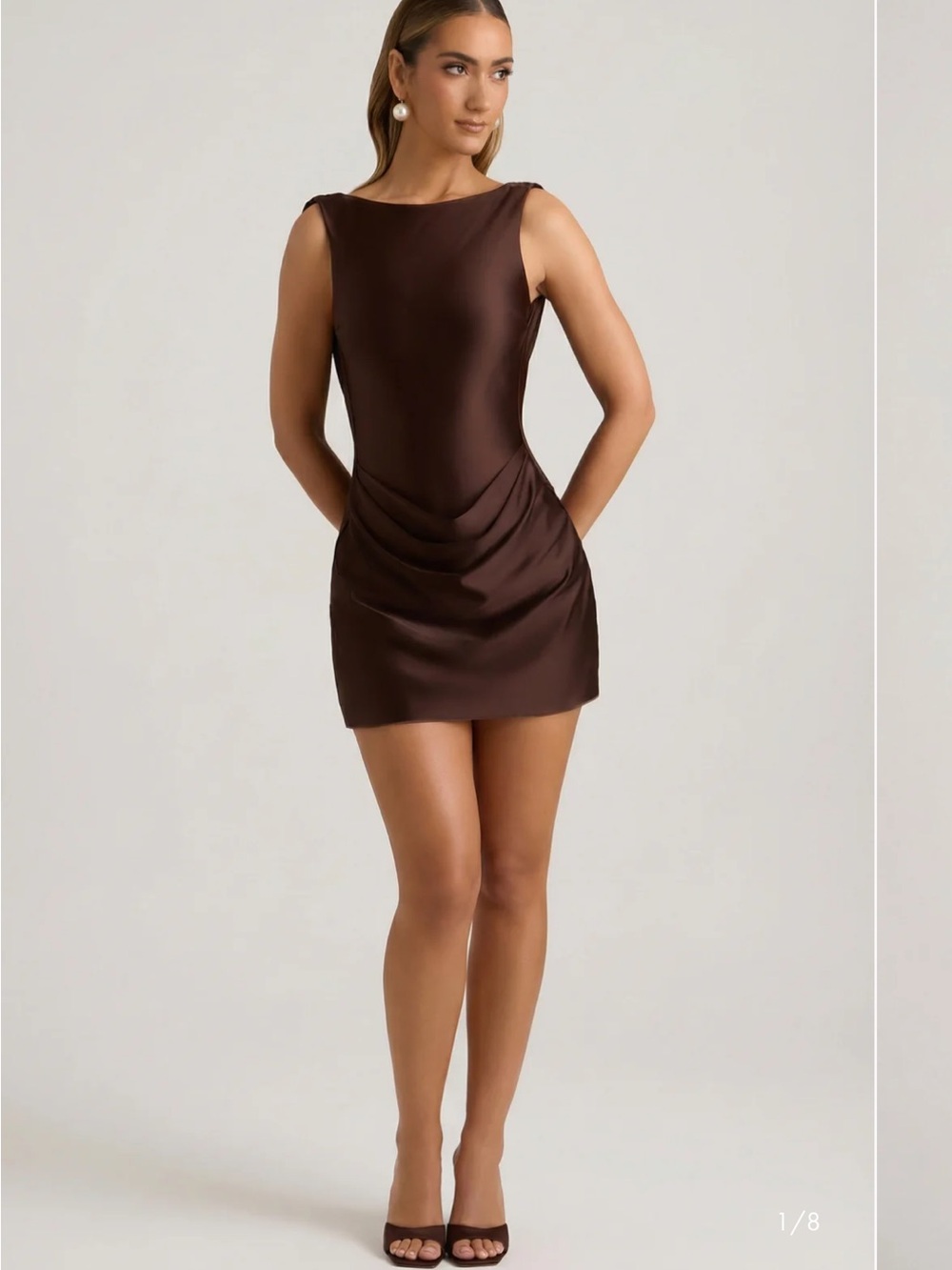 Oh Polly Monnie Draped Open-Back A-Line Mini Dress 6 Pearl Chocolate Brown NWT - Picture 4 of 12